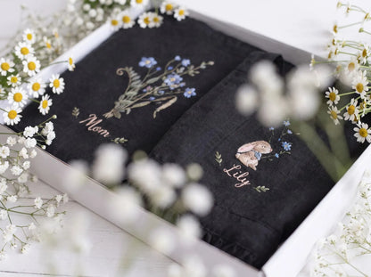 Personalized Mom and Me Aprons Set of 2, Hand Embroidered Blue Wildflowers & Bunny, Custom Names, Black Linen Mother Daughter Apron Gift Set
