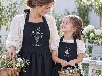Personalized Mom and Me Aprons Set of 2, Hand Embroidered Blue Wildflowers & Bunny, Custom Names, Black Linen Mother Daughter Apron Gift Set