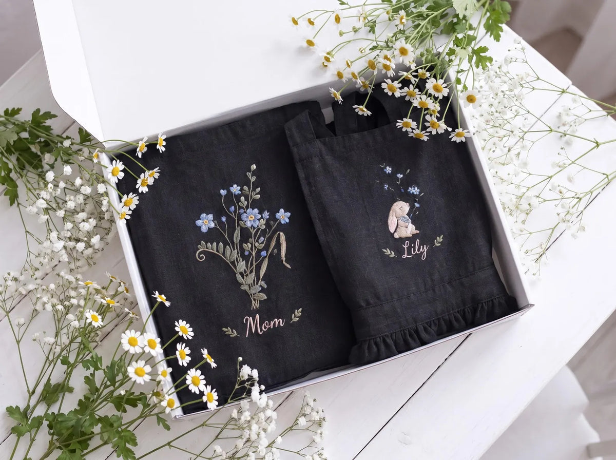 Personalized Mom and Me Aprons Set of 2, Hand Embroidered Blue Wildflowers & Bunny, Custom Names, Black Linen Mother Daughter Apron Gift Set