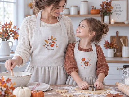 Personalized Mom and Me Aprons Set of 2, Hand Embroidered Pumpkin, Autumn Leaves & Squirrel, Custom Names, Beige Linen Fall Cooking Gift Set
