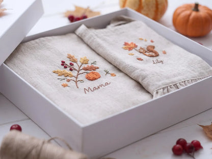 Personalized Mom and Me Aprons Set of 2, Hand Embroidered Pumpkin, Autumn Leaves & Squirrel, Custom Names, Beige Linen Fall Cooking Gift Set