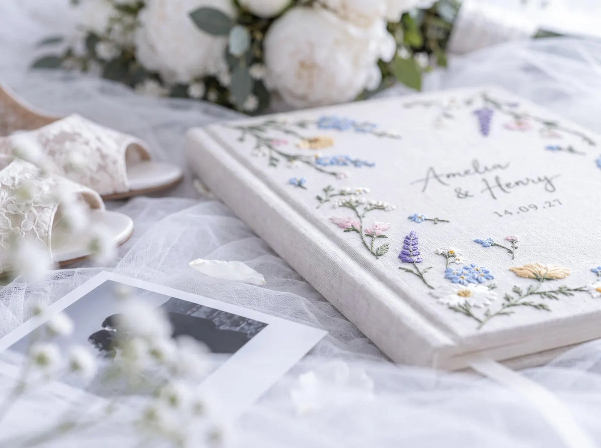 Custom Hand Embroidered Wildflower Wedding Guest Book, Pastel Floral Linen Photo Album, Personalized Memory Book, Bridal Keepsake Gift Idea