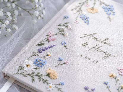 Custom Hand Embroidered Wildflower Wedding Guest Book, Pastel Floral Linen Photo Album, Personalized Memory Book, Bridal Keepsake Gift Idea