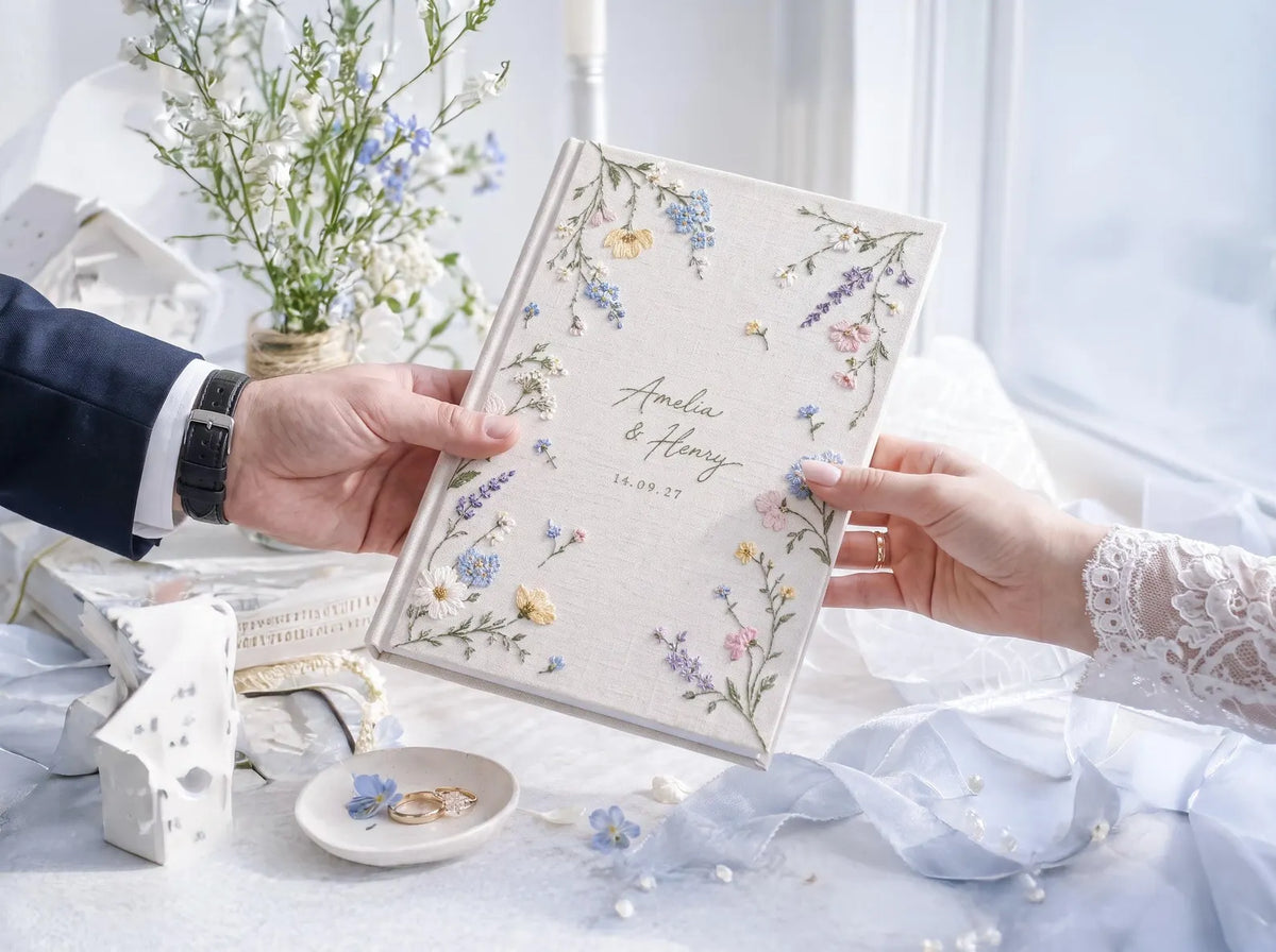 Custom Hand Embroidered Wildflower Wedding Guest Book, Pastel Floral Linen Photo Album, Personalized Memory Book, Bridal Keepsake Gift Idea