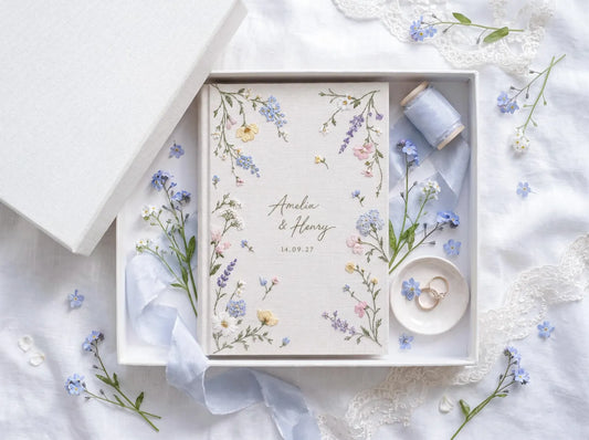 Custom Hand Embroidered Wildflower Wedding Guest Book, Pastel Floral Linen Photo Album, Personalized Memory Book, Bridal Keepsake Gift Idea