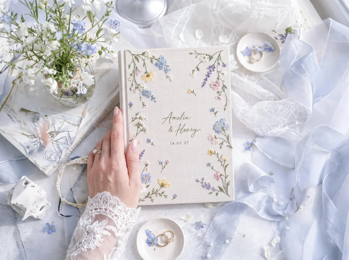 Custom Hand Embroidered Wildflower Wedding Guest Book, Pastel Floral Linen Photo Album, Personalized Memory Book, Bridal Keepsake Gift Idea