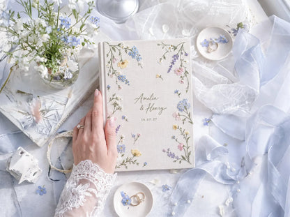 Custom Hand Embroidered Wildflower Wedding Guest Book, Pastel Floral Linen Photo Album, Personalized Memory Book, Bridal Keepsake Gift Idea