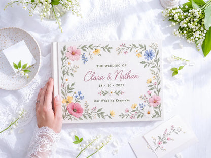 Custom Hand Embroidered Wildflower Wedding Guest Book, Pastel Floral Linen Photo Album, Personalized Memory Book, Wedding Keepsake Gift