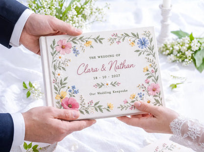 Custom Hand Embroidered Wildflower Wedding Guest Book, Pastel Floral Linen Photo Album, Personalized Memory Book, Wedding Keepsake Gift