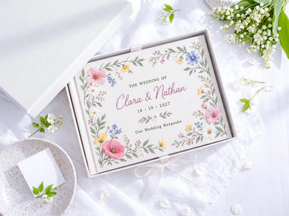 Custom Hand Embroidered Wildflower Wedding Guest Book, Pastel Floral Linen Photo Album, Personalized Memory Book, Wedding Keepsake Gift