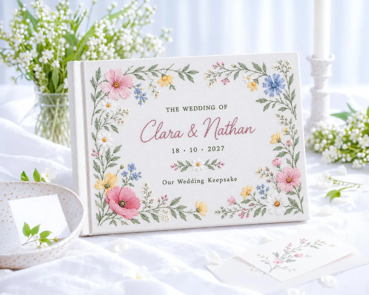 Custom Hand Embroidered Wildflower Wedding Guest Book, Pastel Floral Linen Photo Album, Personalized Memory Book, Wedding Keepsake Gift
