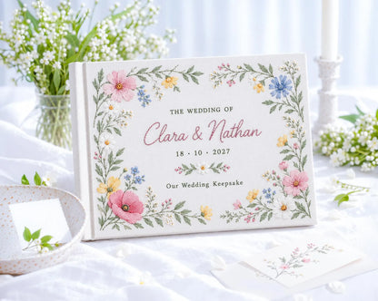 Custom Hand Embroidered Wildflower Wedding Guest Book, Pastel Floral Linen Photo Album, Personalized Memory Book, Wedding Keepsake Gift