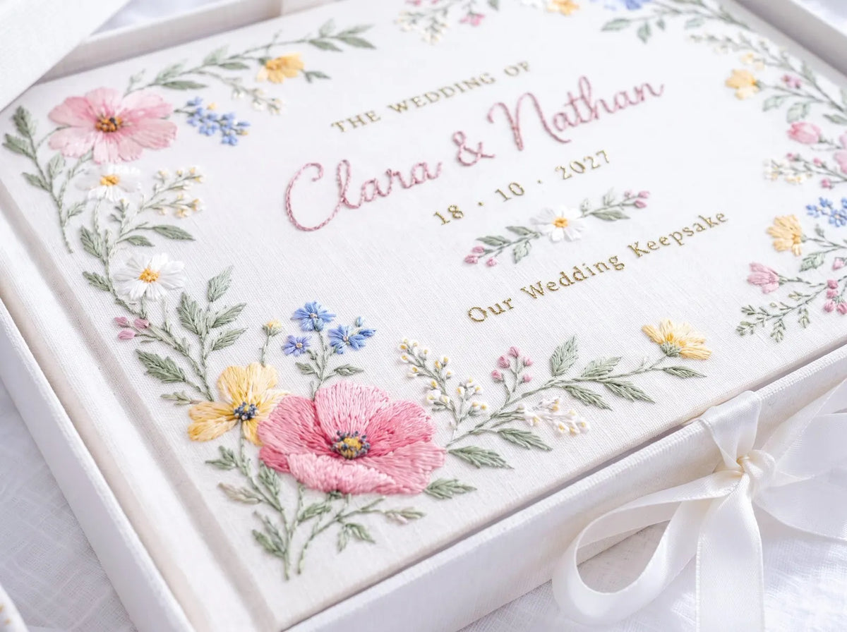 Custom Hand Embroidered Wildflower Wedding Guest Book, Pastel Floral Linen Photo Album, Personalized Memory Book, Wedding Keepsake Gift