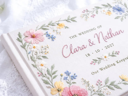 Custom Hand Embroidered Wildflower Wedding Guest Book, Pastel Floral Linen Photo Album, Personalized Memory Book, Wedding Keepsake Gift