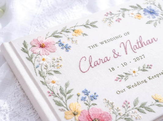 Custom Hand Embroidered Wildflower Wedding Guest Book, Pastel Floral Linen Photo Album, Personalized Memory Book, Wedding Keepsake Gift