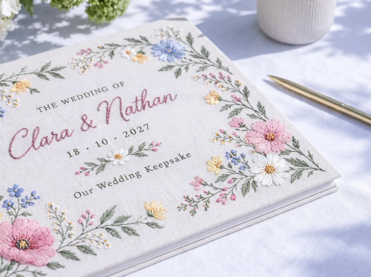Custom Hand Embroidered Wildflower Wedding Guest Book, Pastel Floral Linen Photo Album, Personalized Memory Book, Wedding Keepsake Gift