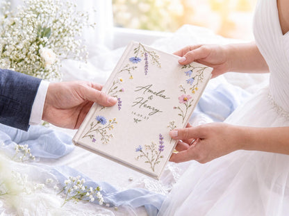 Custom Hand Embroidered Wildflower Wedding Guest Book, Pastel Botanical Linen Photo Album, Personalized Memory Book, Bridal Keepsake Gift