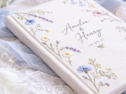 Custom Hand Embroidered Wildflower Wedding Guest Book, Pastel Botanical Linen Photo Album, Personalized Memory Book, Bridal Keepsake Gift