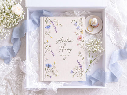Custom Hand Embroidered Wildflower Wedding Guest Book, Pastel Botanical Linen Photo Album, Personalized Memory Book, Bridal Keepsake Gift