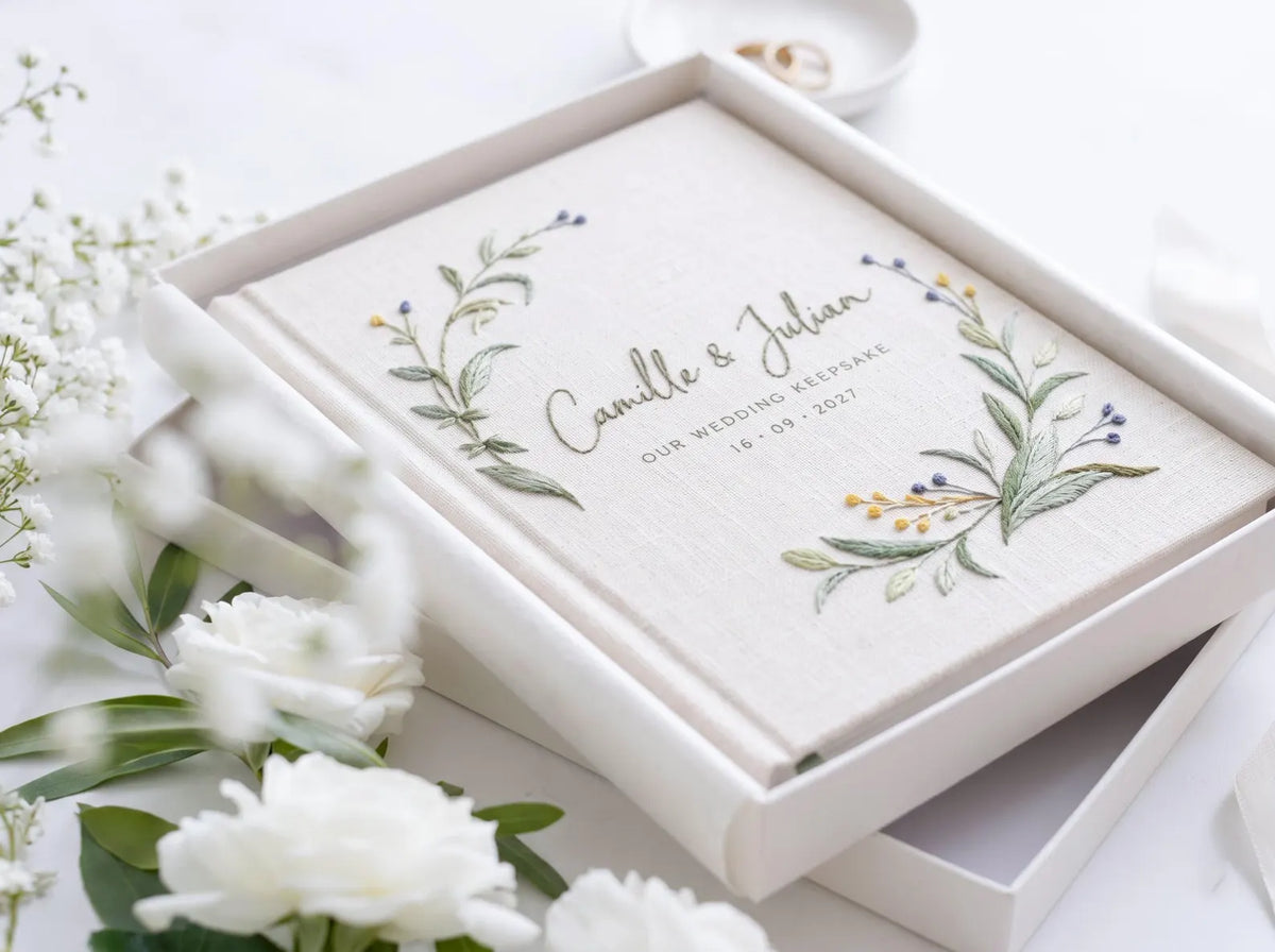 Custom Hand Embroidered Wildflower Wedding Guest Book, Personalized Linen Keepsake, Pastel Botanical Bridal Gift, Romantic Wedding Heirloom (Copy)