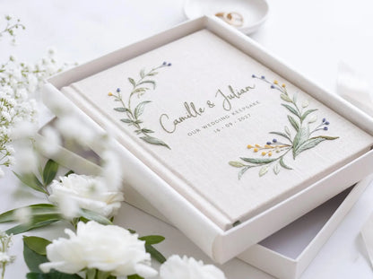 Custom Hand Embroidered Wildflower Wedding Guest Book, Personalized Linen Keepsake, Pastel Botanical Bridal Gift, Romantic Wedding Heirloom (Copy)