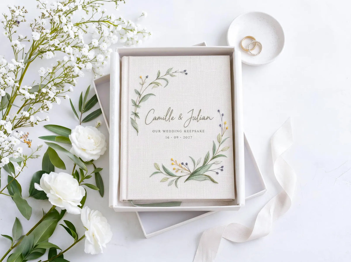 Custom Hand Embroidered Wildflower Wedding Guest Book, Personalized Linen Keepsake, Pastel Botanical Bridal Gift, Romantic Wedding Heirloom (Copy)