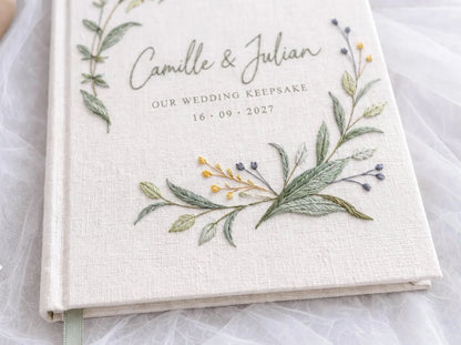 Custom Hand Embroidered Wildflower Wedding Guest Book, Personalized Linen Keepsake, Pastel Botanical Bridal Gift, Romantic Wedding Heirloom (Copy)