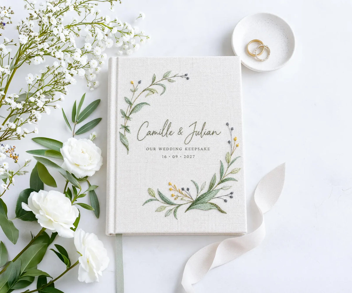 Custom Hand Embroidered Wildflower Wedding Guest Book, Personalized Linen Keepsake, Pastel Botanical Bridal Gift, Romantic Wedding Heirloom (Copy)