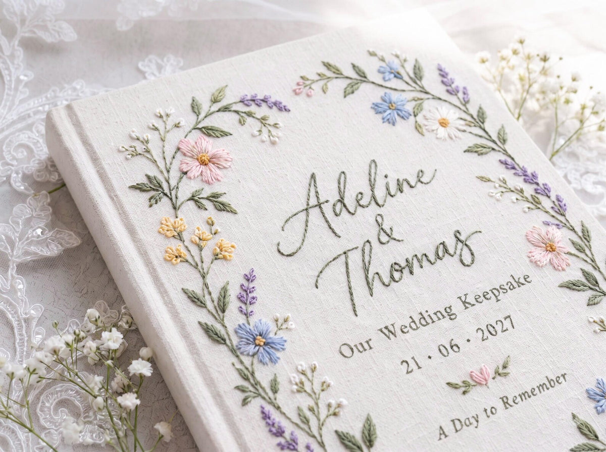 Custom Hand Embroidered Wildflower Wedding Guest Book, Personalized Linen Keepsake, Pastel Botanical Bridal Gift, Romantic Wedding Heirloom