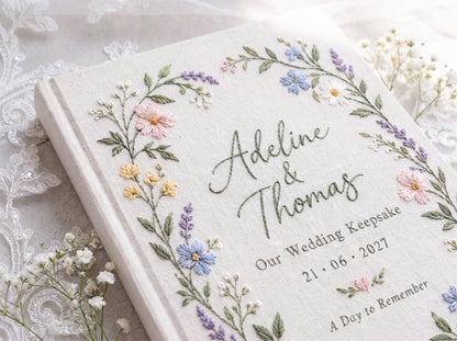 Custom Hand Embroidered Wildflower Wedding Guest Book, Personalized Linen Keepsake, Pastel Botanical Bridal Gift, Romantic Wedding Heirloom