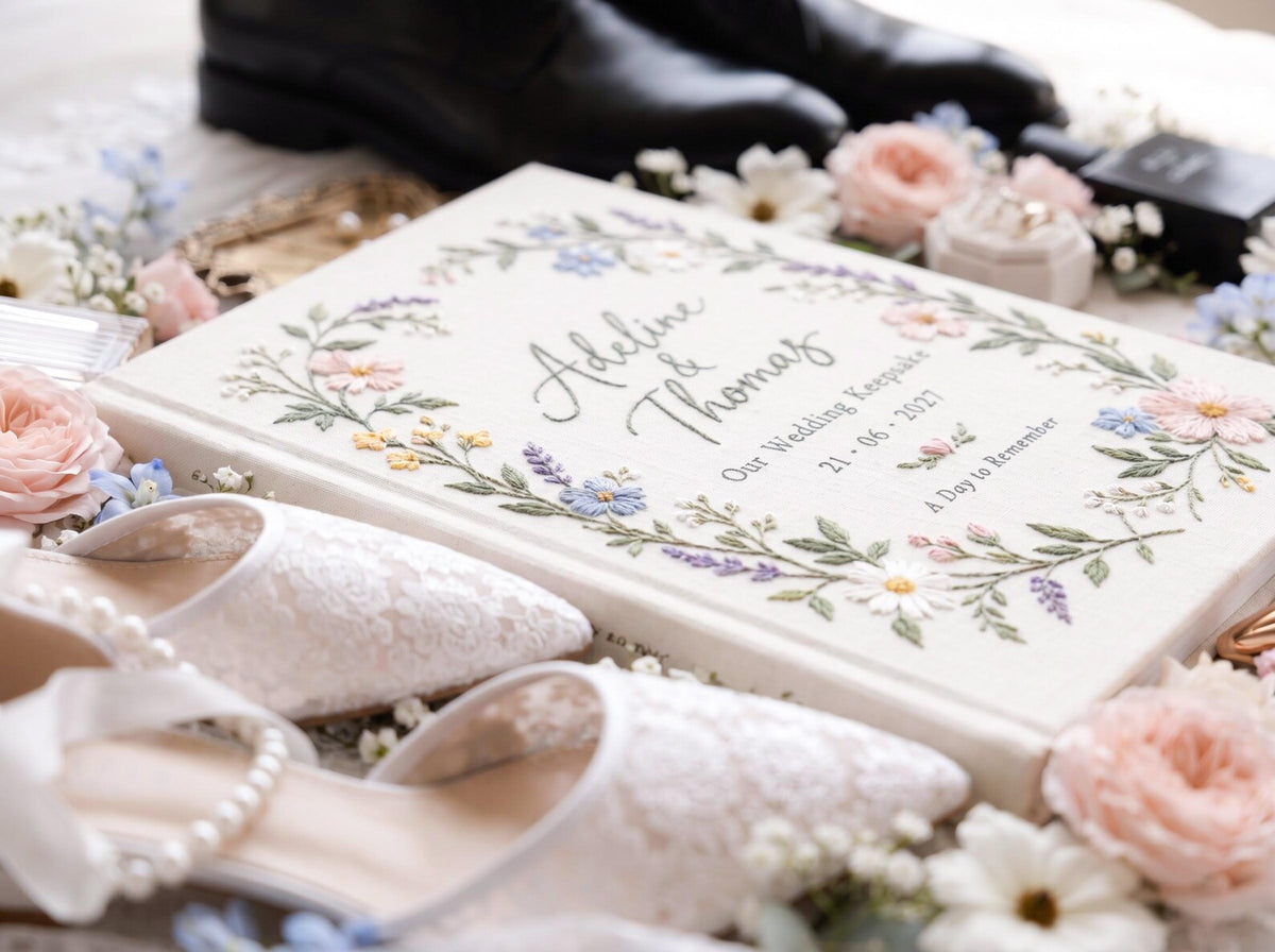 Custom Hand Embroidered Wildflower Wedding Guest Book, Personalized Linen Keepsake, Pastel Botanical Bridal Gift, Romantic Wedding Heirloom
