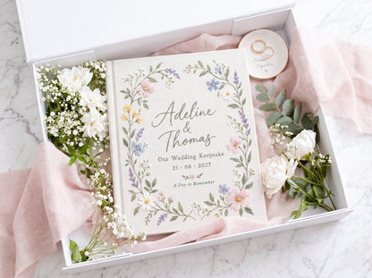 Custom Hand Embroidered Wildflower Wedding Guest Book, Personalized Linen Keepsake, Pastel Botanical Bridal Gift, Romantic Wedding Heirloom