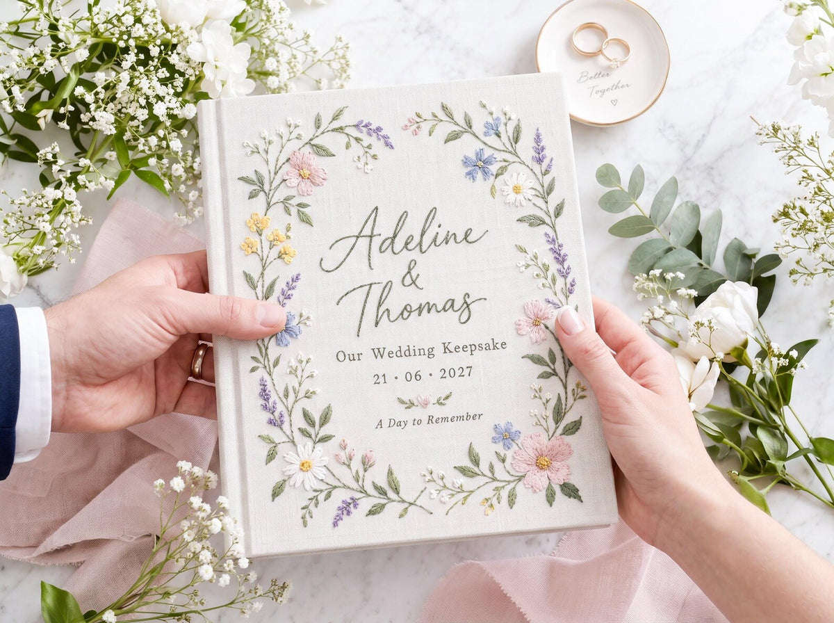 Custom Hand Embroidered Wildflower Wedding Guest Book, Personalized Linen Keepsake, Pastel Botanical Bridal Gift, Romantic Wedding Heirloom