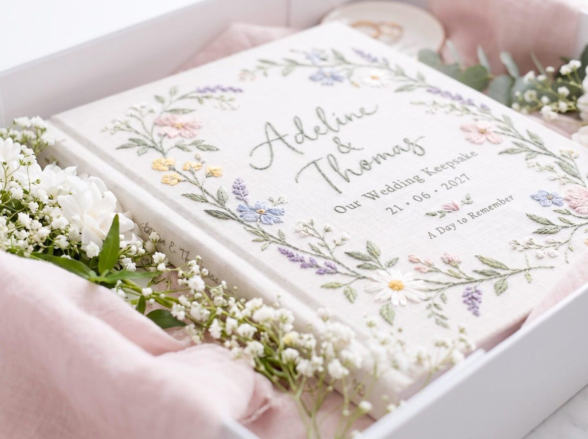 Custom Hand Embroidered Wildflower Wedding Guest Book, Personalized Linen Keepsake, Pastel Botanical Bridal Gift, Romantic Wedding Heirloom
