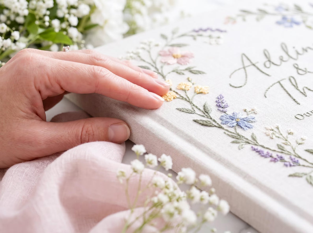 Custom Hand Embroidered Wildflower Wedding Guest Book, Personalized Linen Keepsake, Pastel Botanical Bridal Gift, Romantic Wedding Heirloom