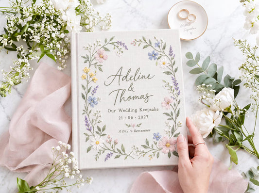 Custom Hand Embroidered Wildflower Wedding Guest Book, Personalized Linen Keepsake, Pastel Botanical Bridal Gift, Romantic Wedding Heirloom