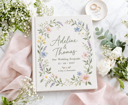 Custom Hand Embroidered Wildflower Wedding Guest Book, Personalized Linen Keepsake, Pastel Botanical Bridal Gift, Romantic Wedding Heirloom
