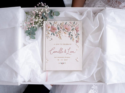 Custom Hand Embroidered Garden Floral Wedding Guest Book, Personalized Linen Keepsake, Romantic Botanical Bridal Gift, Heirloom Memory Album