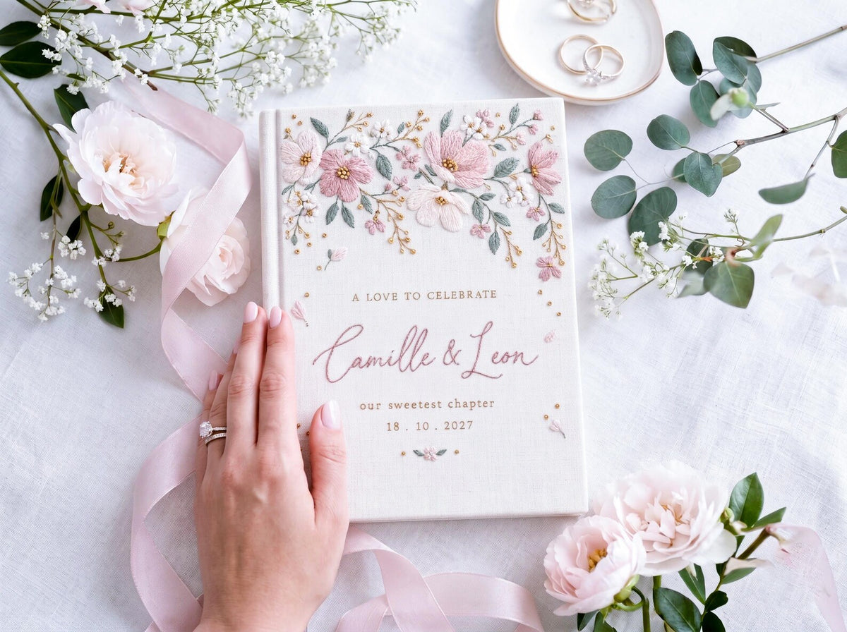 Custom Hand Embroidered Garden Floral Wedding Guest Book, Personalized Linen Keepsake, Romantic Botanical Bridal Gift, Heirloom Memory Album