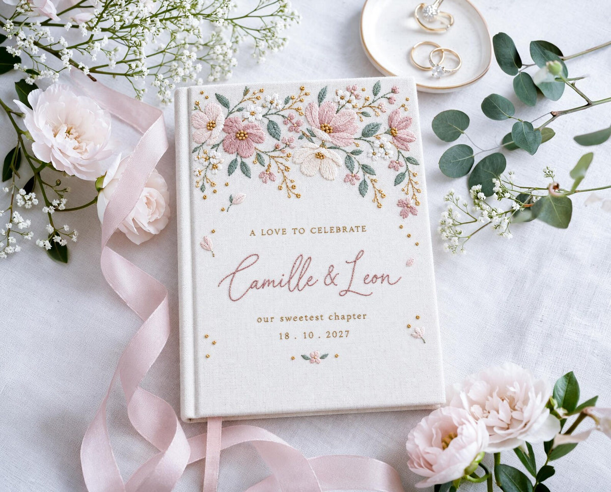 Custom Hand Embroidered Garden Floral Wedding Guest Book, Personalized Linen Keepsake, Romantic Botanical Bridal Gift, Heirloom Memory Album