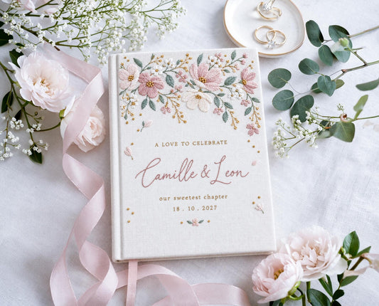 Custom Hand Embroidered Garden Floral Wedding Guest Book, Personalized Linen Keepsake, Romantic Botanical Bridal Gift, Heirloom Memory Album