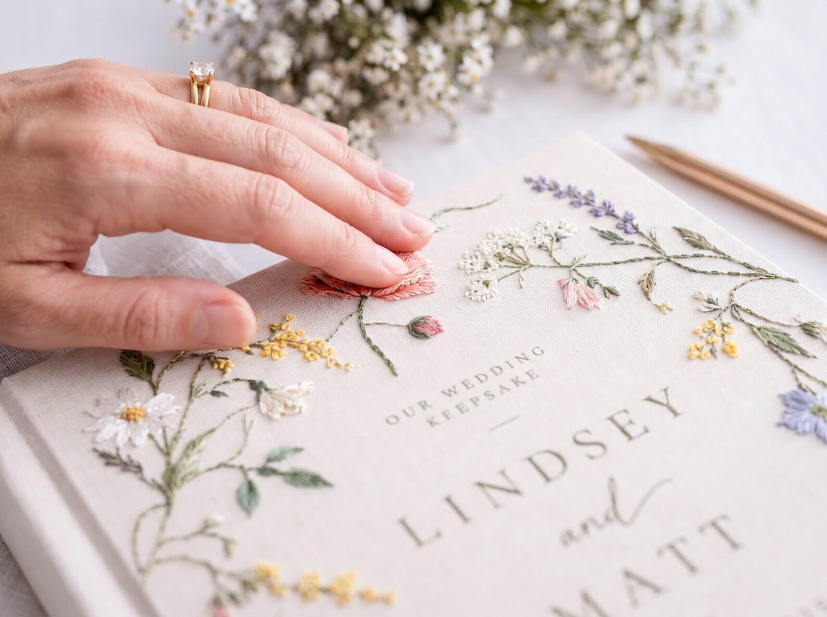 Custom Hand Embroidered Wildflower Wedding Guest Book, Botanical Linen Keepsake, Personalized Bridal Memory Album, Heirloom Wedding Gift