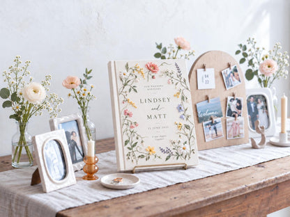 Custom Hand Embroidered Wildflower Wedding Guest Book, Botanical Linen Keepsake, Personalized Bridal Memory Album, Heirloom Wedding Gift