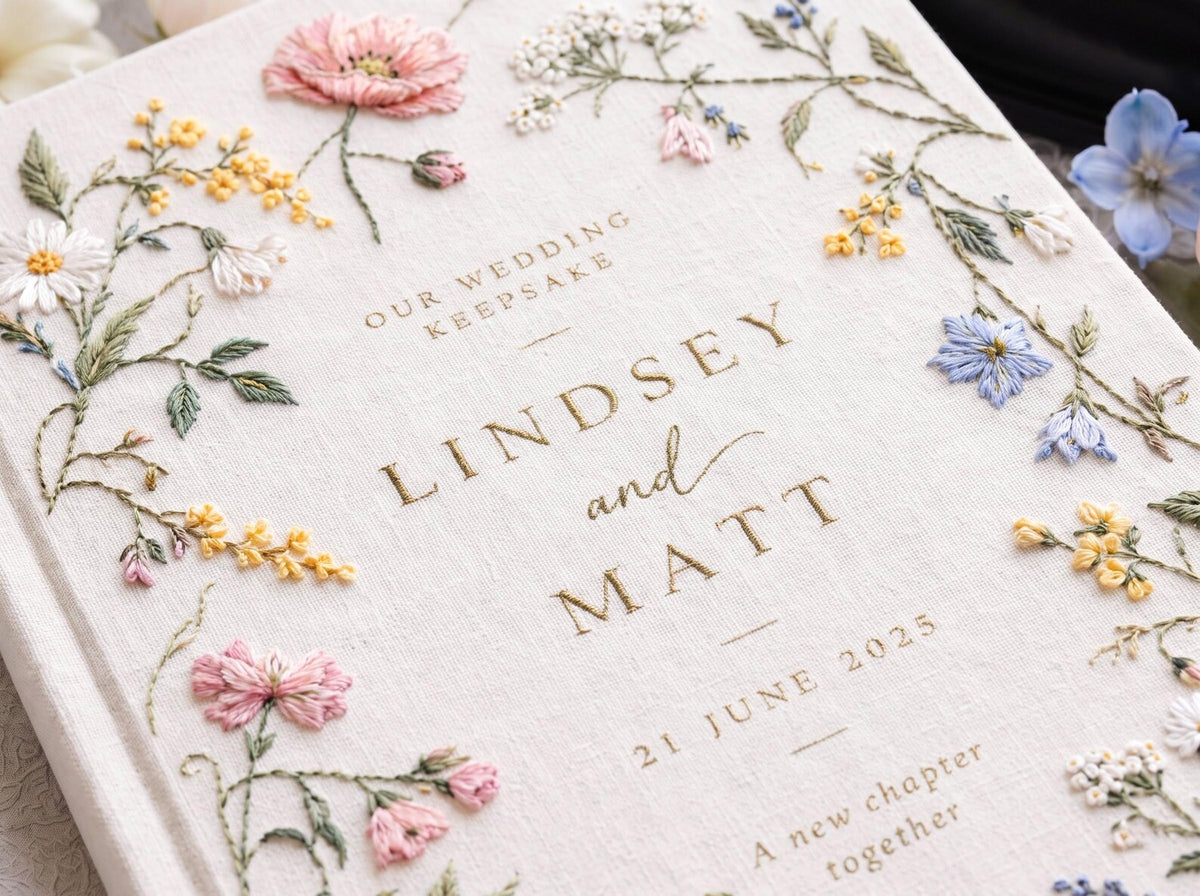 Custom Hand Embroidered Wildflower Wedding Guest Book, Botanical Linen Keepsake, Personalized Bridal Memory Album, Heirloom Wedding Gift