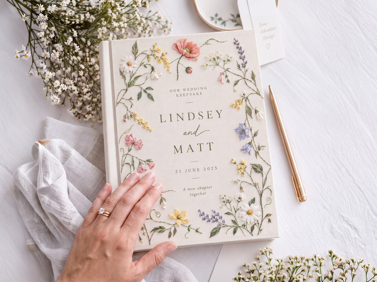 Custom Hand Embroidered Wildflower Wedding Guest Book, Botanical Linen Keepsake, Personalized Bridal Memory Album, Heirloom Wedding Gift