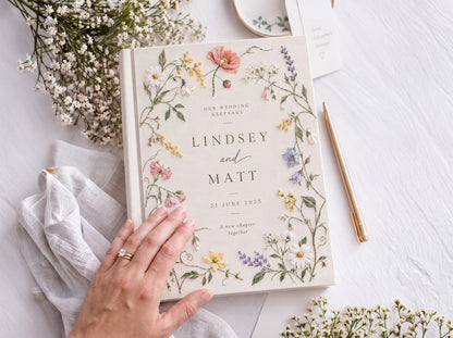 Custom Hand Embroidered Wildflower Wedding Guest Book, Botanical Linen Keepsake, Personalized Bridal Memory Album, Heirloom Wedding Gift