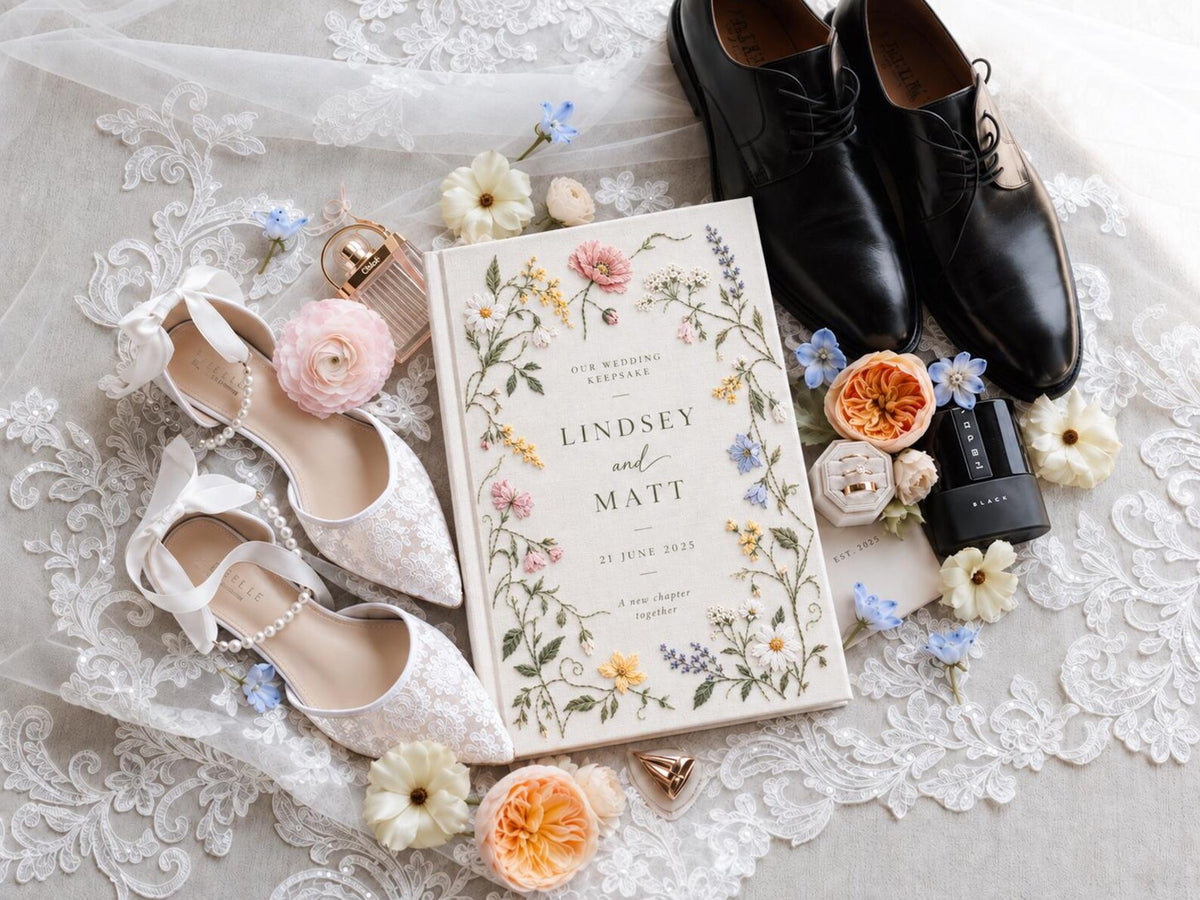 Custom Hand Embroidered Wildflower Wedding Guest Book, Botanical Linen Keepsake, Personalized Bridal Memory Album, Heirloom Wedding Gift