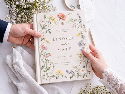 Custom Hand Embroidered Wildflower Wedding Guest Book, Botanical Linen Keepsake, Personalized Bridal Memory Album, Heirloom Wedding Gift