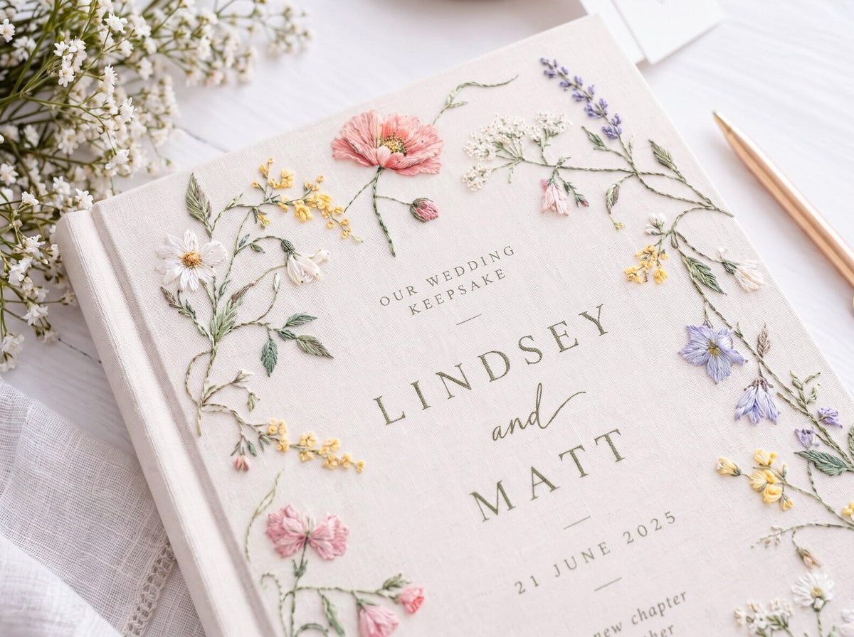 Custom Hand Embroidered Wildflower Wedding Guest Book, Botanical Linen Keepsake, Personalized Bridal Memory Album, Heirloom Wedding Gift