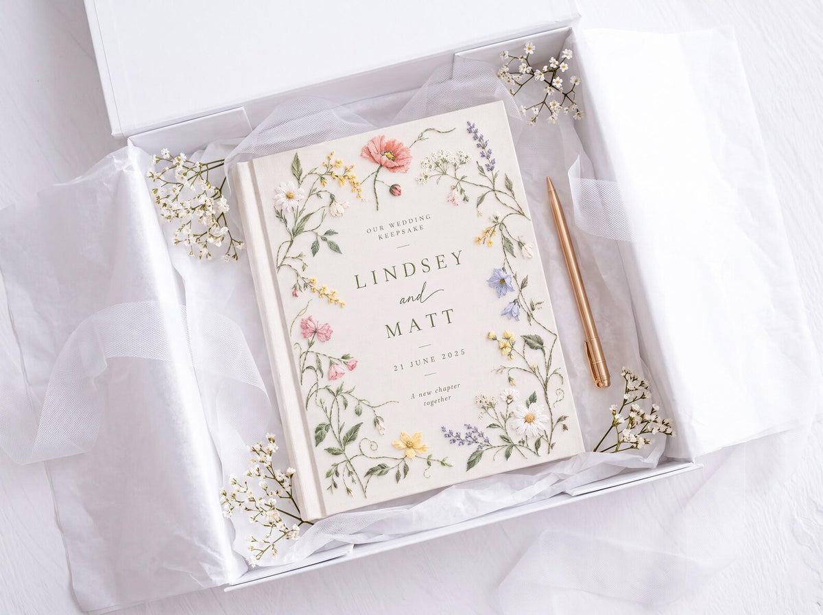 Custom Hand Embroidered Wildflower Wedding Guest Book, Botanical Linen Keepsake, Personalized Bridal Memory Album, Heirloom Wedding Gift